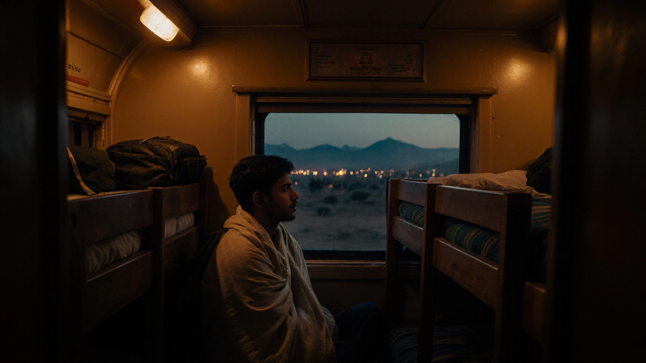 Backpacker looking out train window at night, illuminated by warm carriage lights.