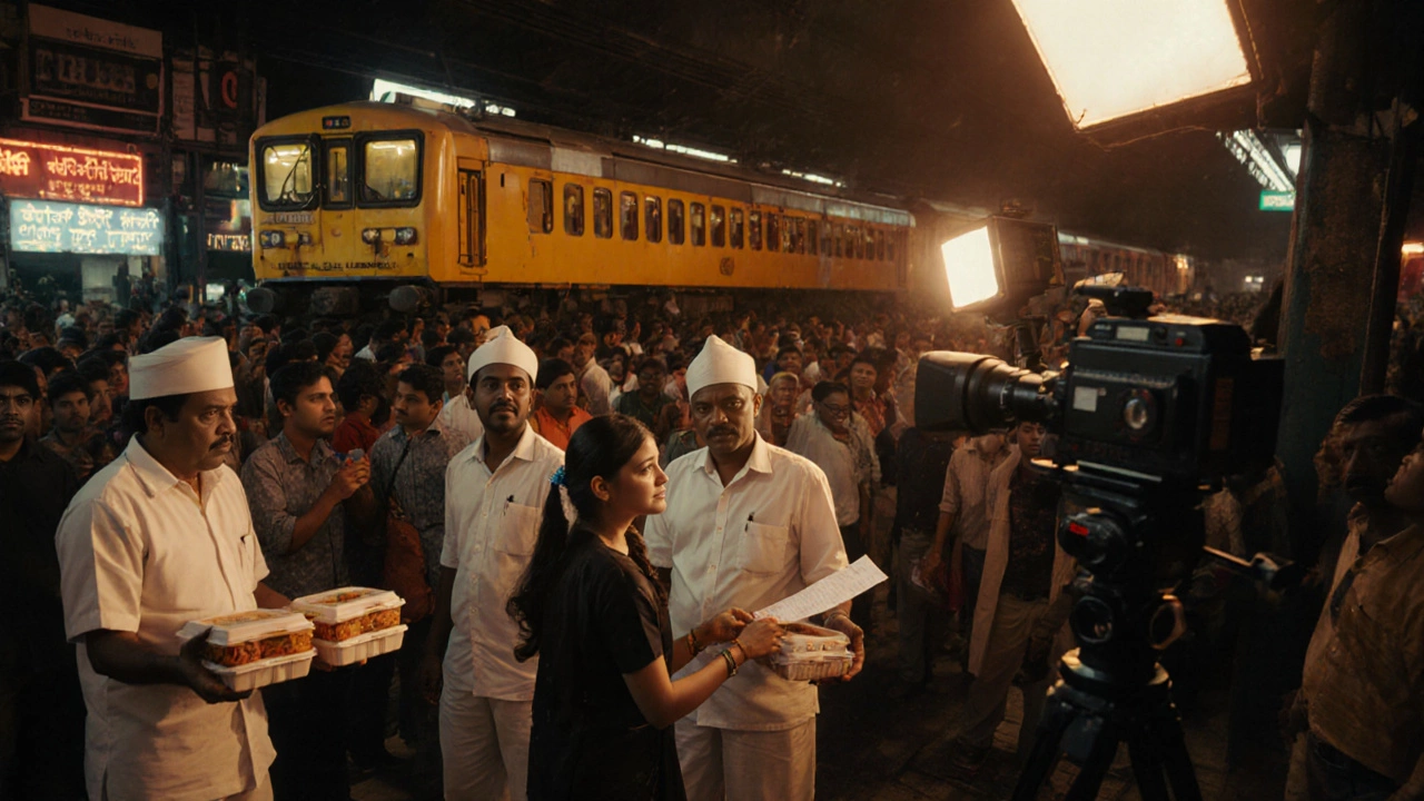 Crowded train platform with dabbawalas and a young actress near a Bollywood film set.