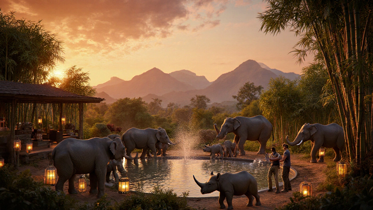 Digital art of rescued elephants, a rhino, and caretakers at sunset in a sanctuary.
