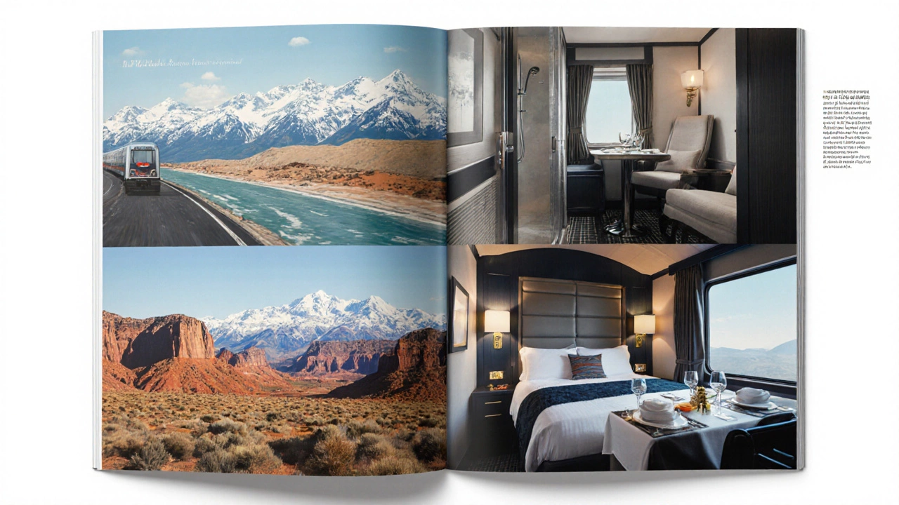 Four Amtrak sleeper routes shown with cabin interiors and scenic backgrounds.