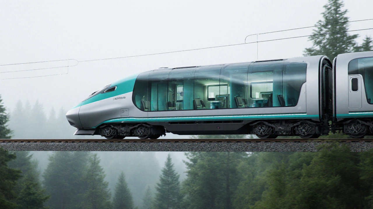 Futuristic electric luxury train moving through a green forest.