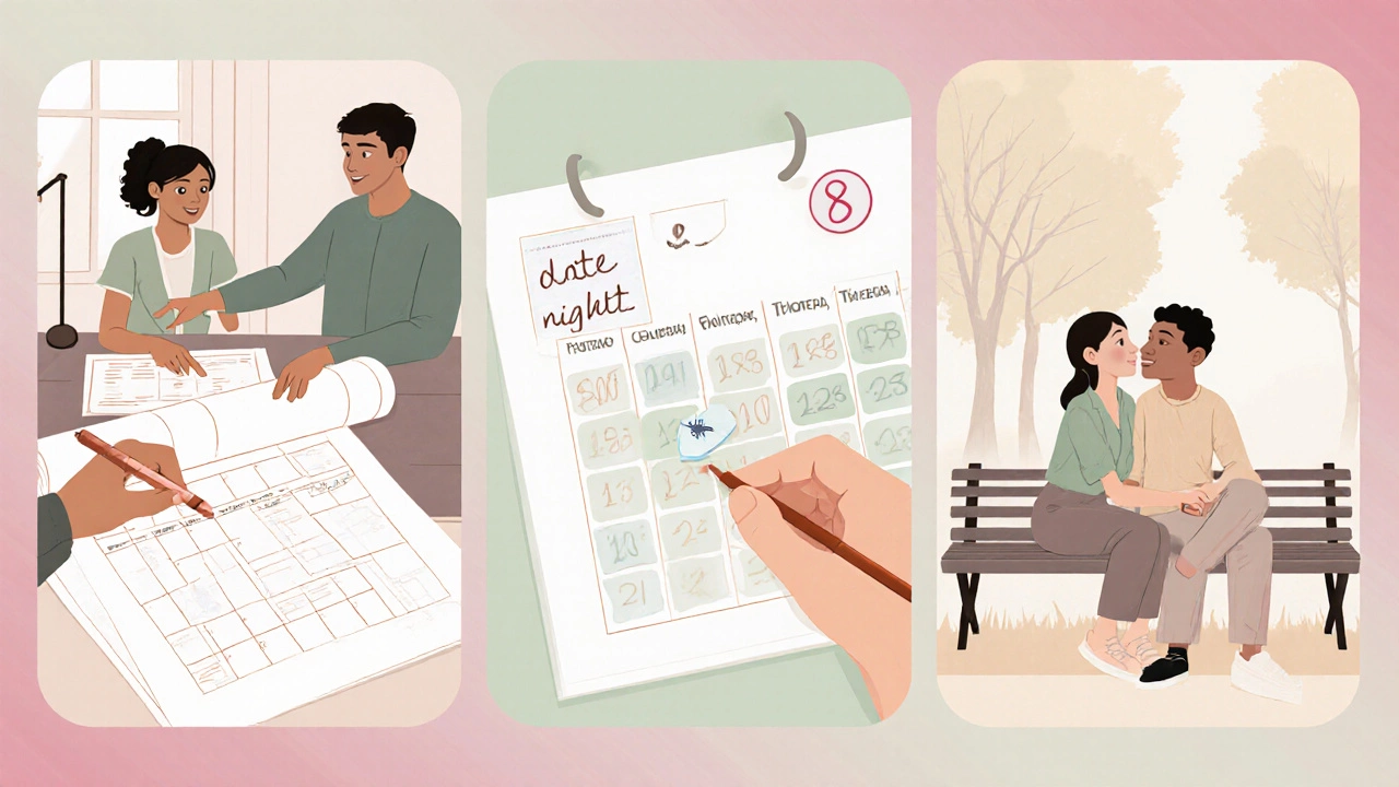 Illustrated couple planning a home, marking a calendar, and sharing a tender moment.