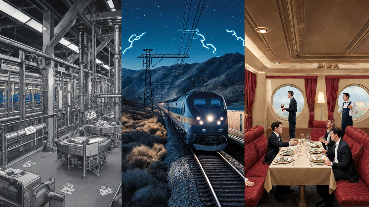 Illustration of train manufacturing, staff, and energy use showing cost drivers.