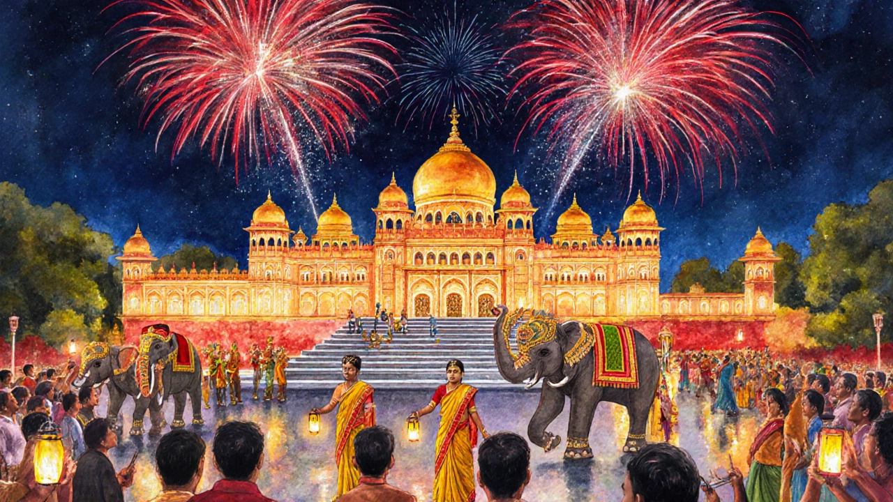 Nighttime Mysore Dasara parade with illuminated palace, elephants and fireworks.