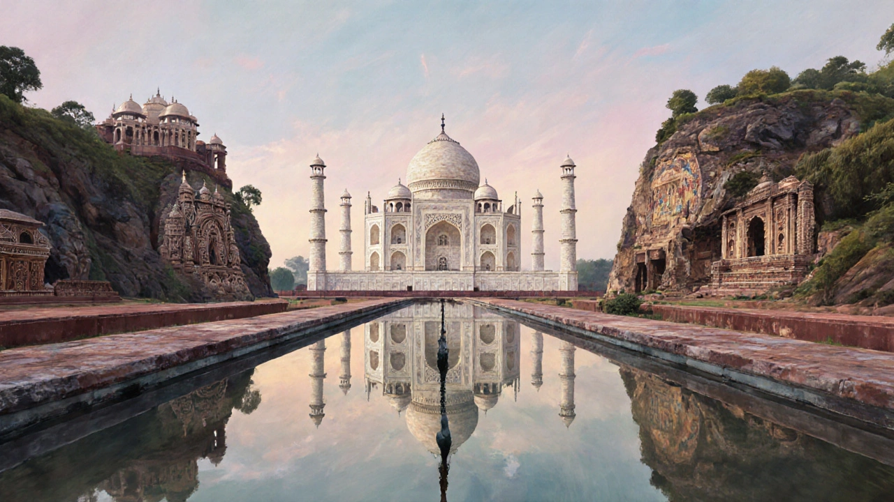 Panoramic view of Taj Mahal, Khajuraho, Mahabalipuram, Hampi, and Ajanta caves at dusk.