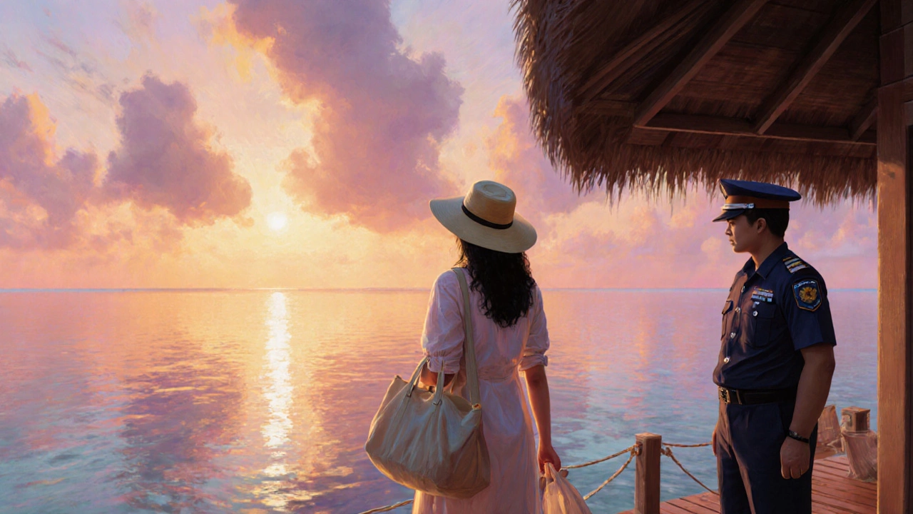 Solo Indian woman at sunset on overwater bungalow deck with nearby security guard.