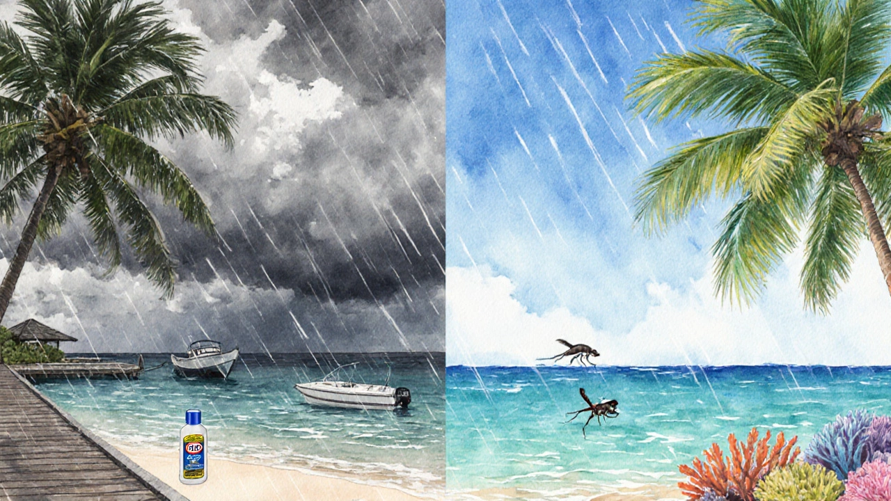 Split view of monsoon stormy beach and calm sunny beach with mosquito repellent bottle.