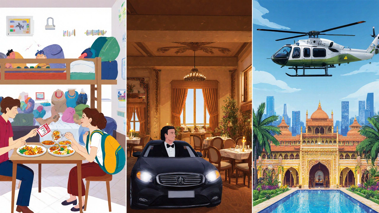 Three side‑by‑side scenes showing hostel, mid‑range hotel, and luxury resort experiences.