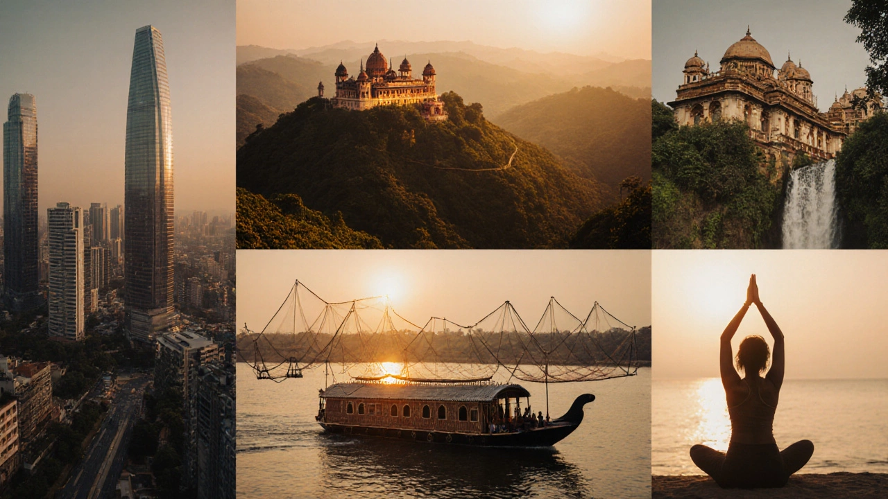 Traveler moving through Bangalore, Mysore, Coorg, Kerala backwaters and a beach at sunset.