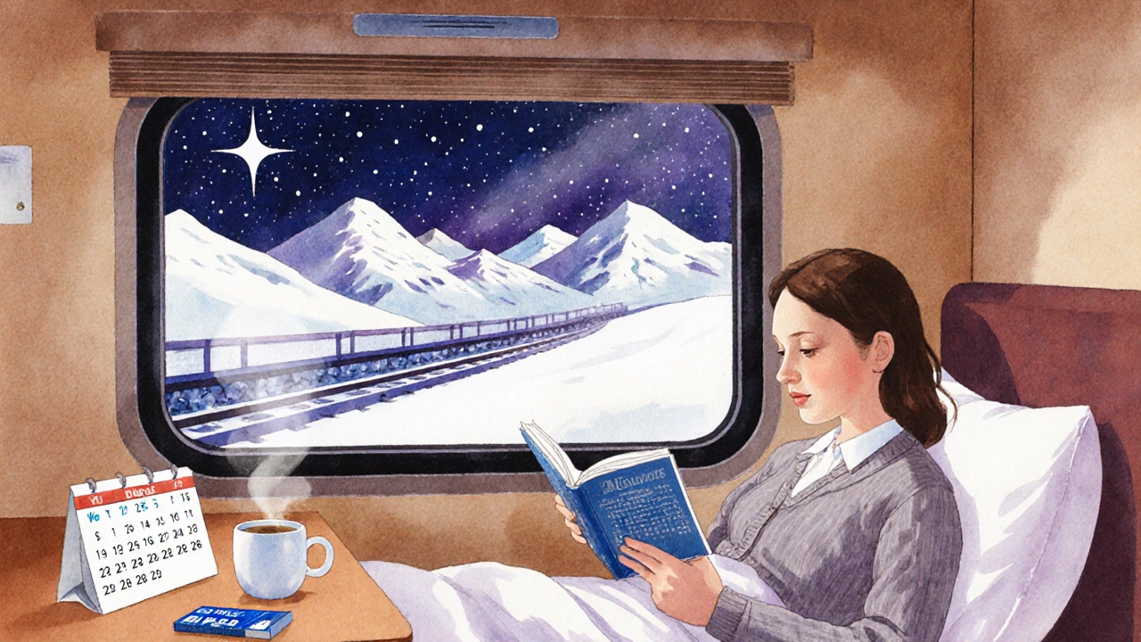Traveler reading in a cozy cabin with mountain view, hinting at budget tips.