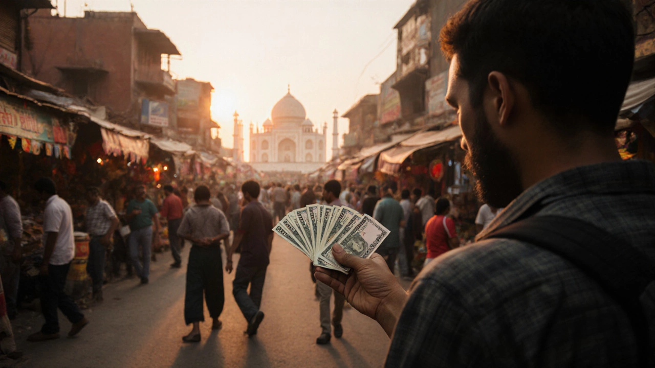 Traveler reviewing rupee cash at a bustling market with the Taj Mahal backdrop.