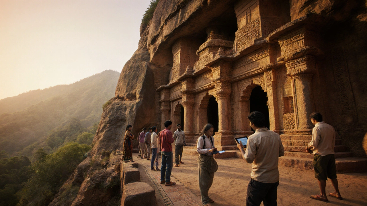 Travelers and guide at a rock‑cut heritage site with volunteers documenting.
