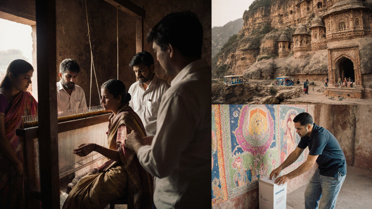 Travelers learning sari weaving, guided tour at Varanasi ghats, and donating near Ajanta mural.