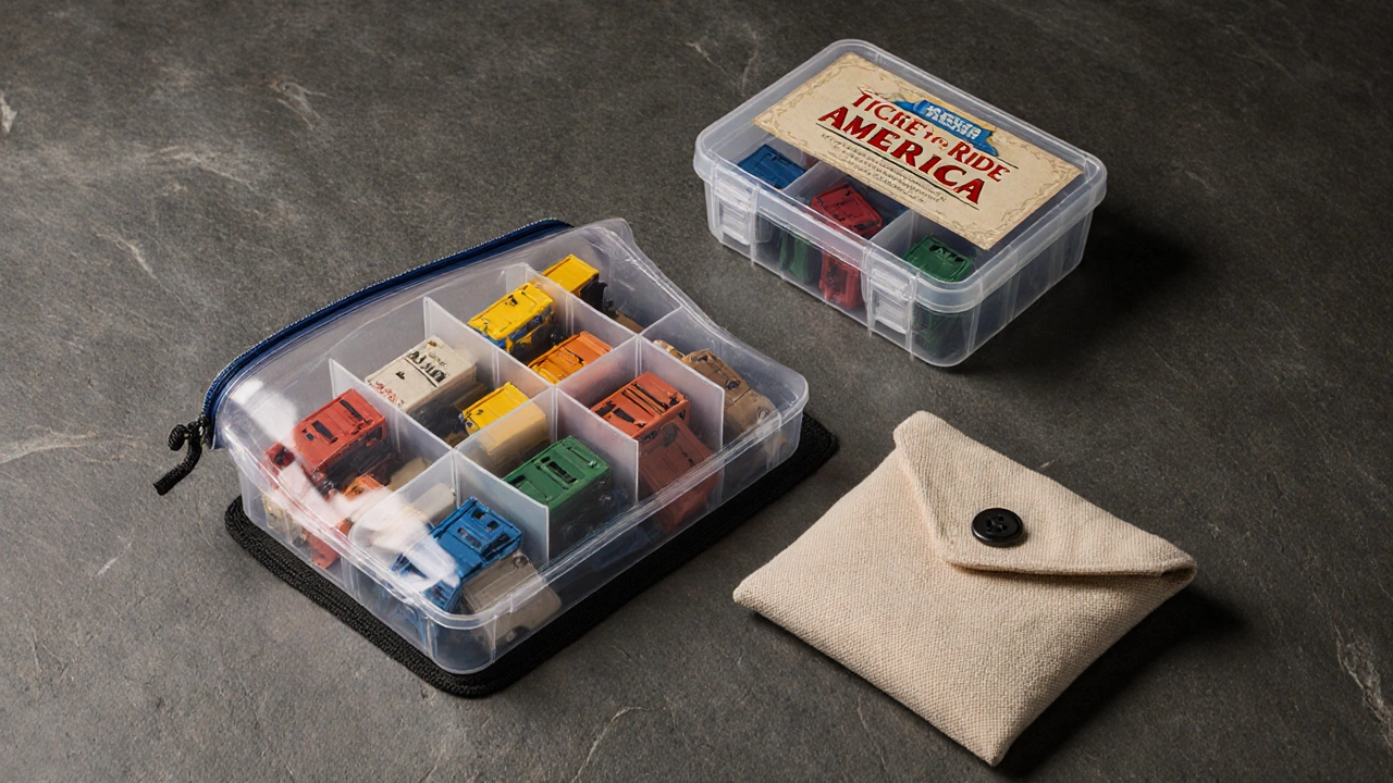 Various storage options for the game's train cars: pouch, tackle box, and fabric bag.