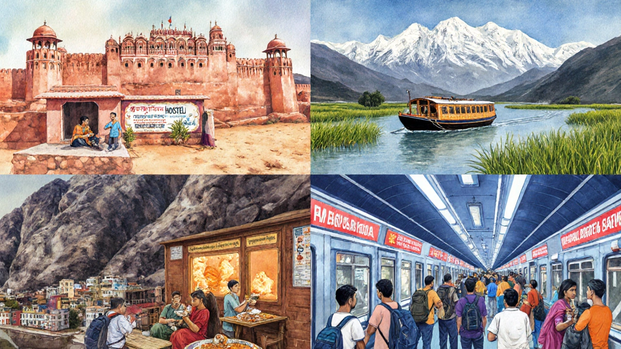 Watercolor collage of budget travel scenes in Jaipur, Kerala, Himachal, and Delhi metro.