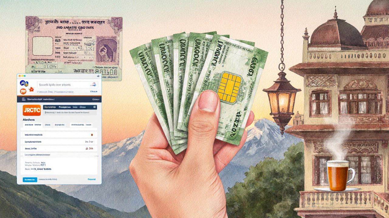 Watercolor collage of cash, SIM cards, train ticket, and heritage guesthouse for budget tips.