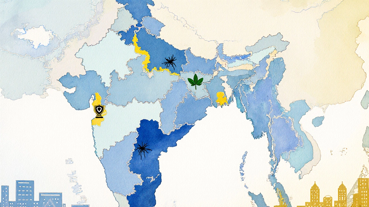 Watercolor map of India showing safety zones and icons for health risks.