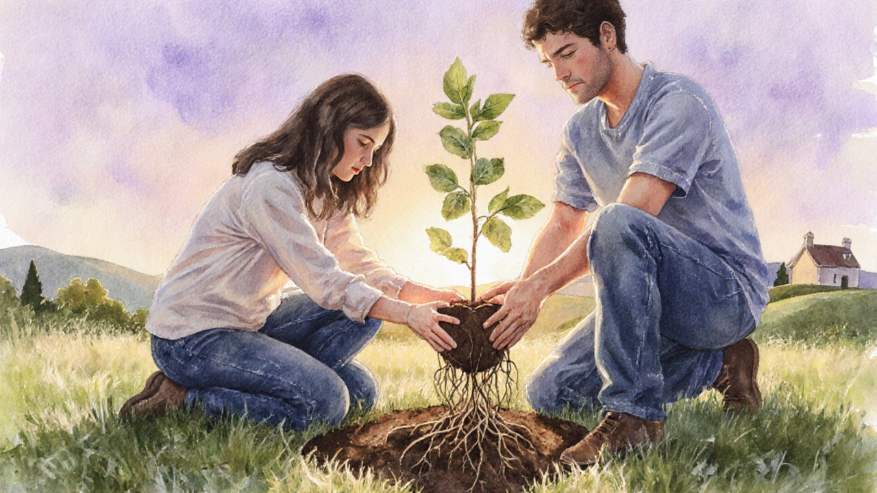 Watercolor of a couple planting a tree together at sunrise, symbolizing growing commitment.