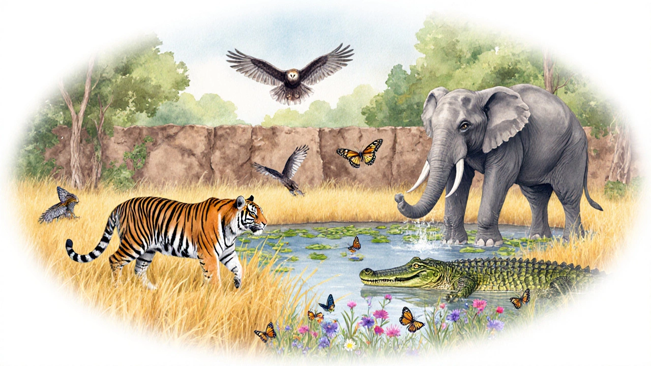 Watercolor scene of a tiger, elephant, hawk, crocodile, and butterflies in their habitats.