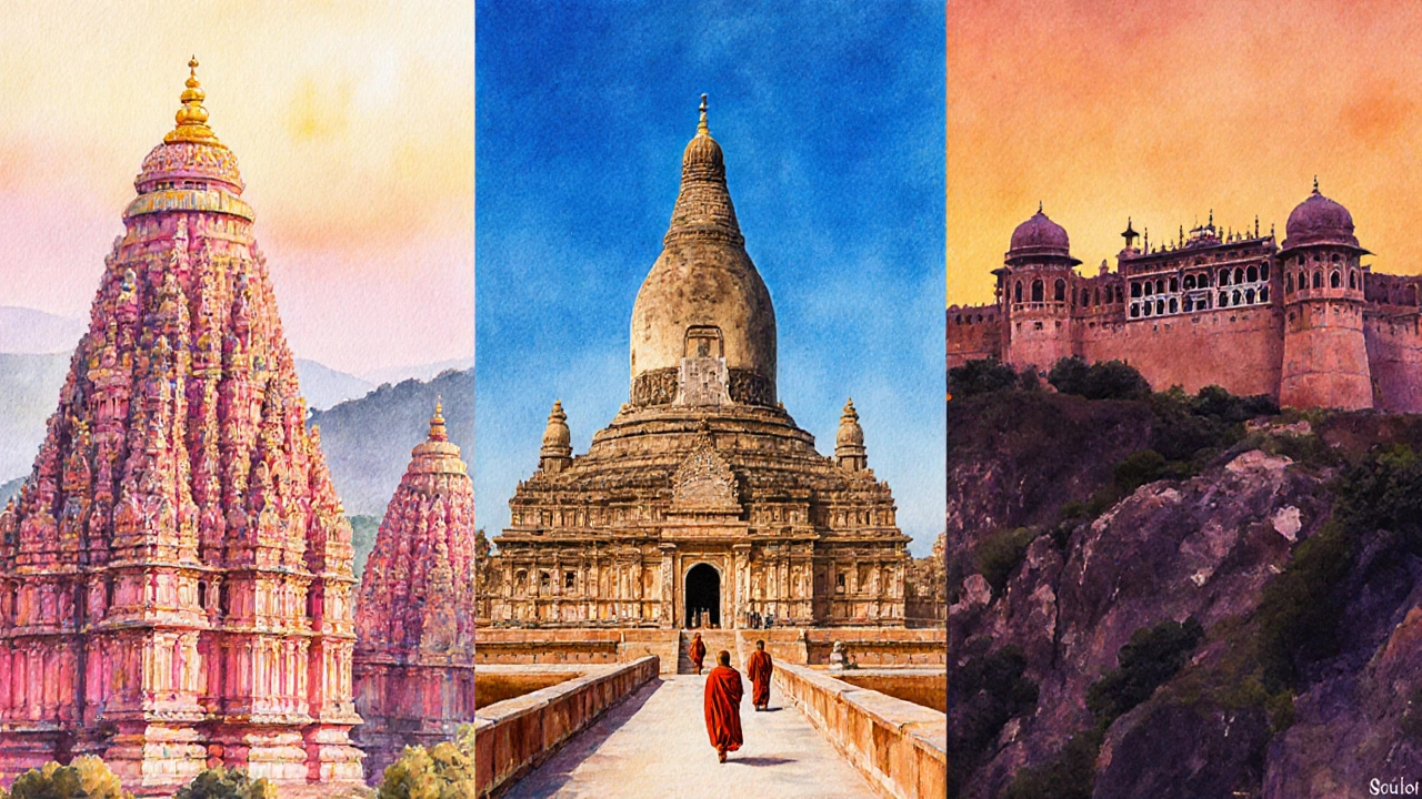 Watercolor triptych of Khajuraho temples, Sanchi Stupa, and Gwalior Fort.